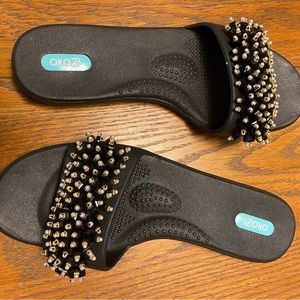 OKA B Black Pearl Embellished Fringe Sandals Comfort Slides ML 8-9.5 NWOB!!
